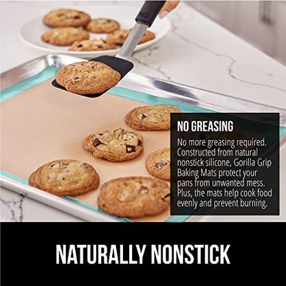 GORILLA GRIP Food Grade Reusable Nonstick Silicone Baking Mat, 16.5x11.87, Half Sheet 2PK, Oven Safe Cookie Sheet Liners, Up to 500 Degrees, No Mess Easy Clean Pastry Mats, Kitchen Essentials, Mint