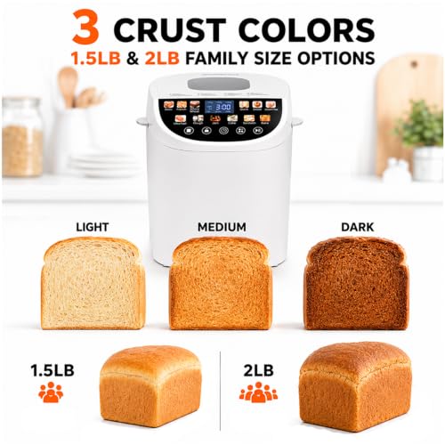 Smart Bread Maker, 2LB 12-IN-1 Automatic Bread Machine With Color Touchscreen, Gluten-Free Setting, Nonstick Pan, 2 Loaf Sizes, 13H Reserve & 1H Keep Warm (White)