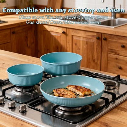 Fnorant 24 Pcs pots and pans set,cookware set non stick,pots and pans set Oven-safe and dishwasher-safe,PFAS/PFOA Free,Induction Dishwasher Oven Safe cookware set (Blue)