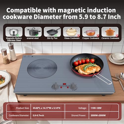GIHETKUT 2 burner Induction cooktop,110V 4000W induction hot plate with Brushed Panel,Knob Control,9 Power Levels, Kids Lock & Timer,LED touch control 2 burner induction cooker
