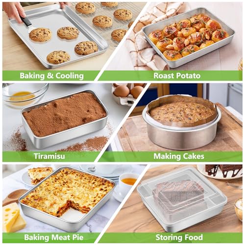 Bakeware Sets of 11, P&P CHEF Stainless Steel Baking Pans Set, Includes Baking Sheets and Rack, Lasagna Pan with Lid, Round/Square Cake Pan, Muffin Pans, Loaf Pan, Reusable & Durable