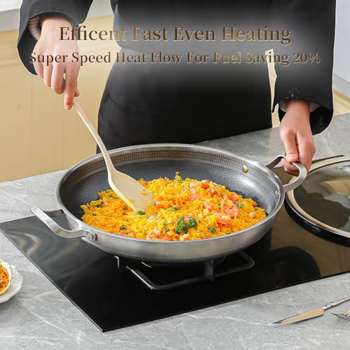 DELARLO Paella Pan 14 Inch Tri-Ply Stainless Steel Paella Pan with Lid Nonstick Frying Pan, Hybird Induction Large Skillets,Great for Paella Parties Indoors Outdoors,Heavy Duty Style