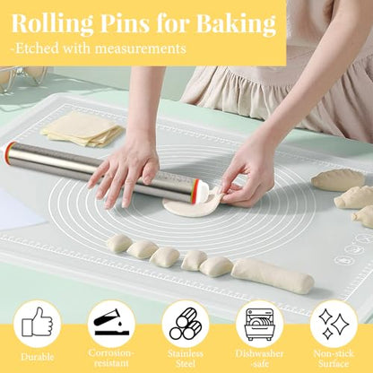 Adjustable Rolling Pin with 4 Thickness Rings for Baking, 17” Stainless Steel Dough Roller with Clear Measurement Markings for Pizza, Fondant, Pie, Cookies, Baking Supplies, Pastry, Pasta