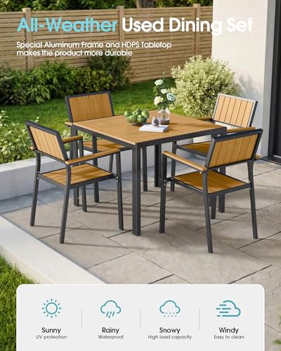Aluminum Outdoor Dining Set, Patio Square Table and Stackable Chairs, Teak