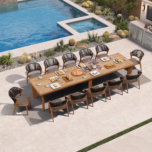 PURPLE LEAF 13-Piece Patio Dining Set Outdoor Furniture Rectangular Table and Chairs Set with Aluminum Frame and Teak-Finish for Garden Deck Backyard Kitchen Deep Teak Outdoor Set
