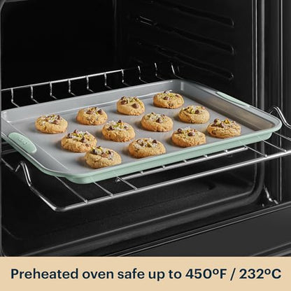 Pyrex 8-Piece Metal Bakeware Set, Lightweight Stainless Steel Baking Trays with Heatsafe Silicone Handles, Cookie & Muffin Sheets, Round/Square Baking Pans, Sage