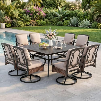 PHI VILLA 9 Piece Outdoor Dining Sets, 60" All-Weather Patio Table and Chairs Set for 8, Heavy Duty Patio Table Set Square for Deck, 8 Extra Large Outdoor Swivel Chairs with Thick Cushions