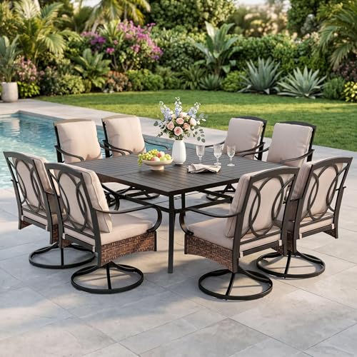 PHI VILLA 9 Piece Outdoor Dining Sets, 60" All-Weather Patio Table and Chairs Set for 8, Heavy Duty Patio Table Set Square for Deck, 8 Extra Large Outdoor Swivel Chairs with Thick Cushions