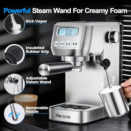 Horavie Ultra Espresso Machine with LCD Display, Espresso Maker with Powerful Milk Frother, Customizable Brewing Temperature, Professional Cappuccino & Latte Machine, Gift for Men & Women
