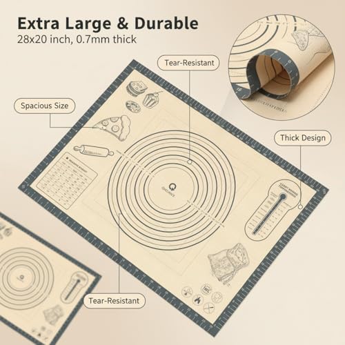 Silicone Baking Pastry Dough Mat - 28x20Inch Extra Large Cookie Bread Rolling Mats Sheet, Nonstick Kitchen Counter Kneading Board Thick Reusable Pie Cookies Pizza Fondant Making Matt Baking Supplies