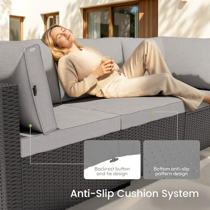 LAWNOOK Patio Furniture Set - All-Weather - 7 Piece Patio Outdoor Conversation Set, Modular Wicker Rattan Sectional Sofa for Backyard, Garden, Poolside, Balcony, Porch, Patio,Black/Light Gray