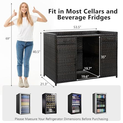LUMISOL Outdoor Wicker Storage Cabinet with Fridge Space, Patio Bar Table with Adjustable Shelves & Drawers, Outdoor Mini Fridge Bar Cabinet for Pool Garden Kitchen, Black+Brown