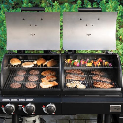 Char-Griller® Texas Trio 3-Burner Gas & Charcoal Grill and Smoker, Push Button to Ignite, Dual temperature Guages, Side Burner, Includes Side Firebox, 1,390 Cooking Square Inches, Black, Model# 3070