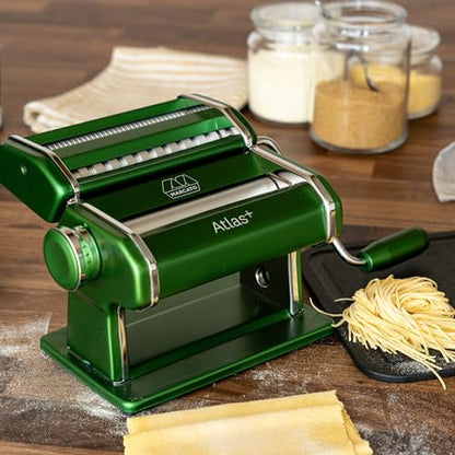 Marcato Made in Italy Atlas+Pasta Machine, Green. Chrome Plated Steel & Aluminum Rollers, Double Cutter for Lasagna, Fettuccine & Spaghetti; Durable Manual Pasta Maker for Homemade Pasta