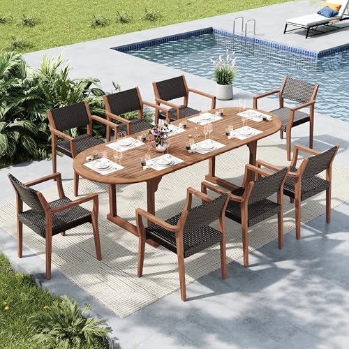 MFSTUDIO Teak Outdoor Dining Set for 8, Outdoor Wood Table and Chairs, 9 Pieces Outdoor Dining Table Set with Rattan Chairs, Wood Patio Dining Furniture Expandable Table for 8