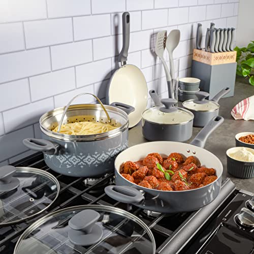 Spice by Tia Mowry Savory Saffron 16-Piece Healthy Nonstick Ceramic Cookware Set - Grey