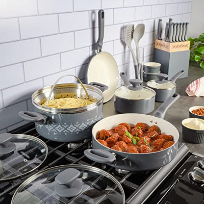 Spice by Tia Mowry Savory Saffron 16-Piece Healthy Nonstick Ceramic Cookware Set - Grey
