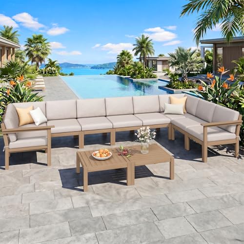 Modular Outdoor Patio Conversation Set, 11-Piece U-Shaped Sectional Sofa Set with Coffee Tables & Thick Cushions, Easy Side Interlock, HIPS All-Weather Patio Furniture Set for Backyard, Deck, Poolside