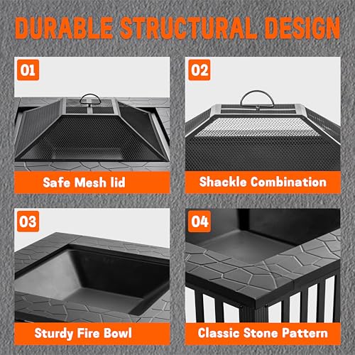 EcoNook 36 inch Fire Pit, Square Outdoor Fire Pit Table with Spark Screen & Fire Poker, 3-in-1 Multipurpose Firepits for Outside, Fireplace for Yard, Garden, Patio