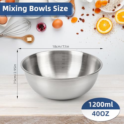 fecoqi 3-Piece Stainless Steel Mixing Bowls (7.1") Metal Bowl Set with Measurement Marks, Dishwasher Safe & Stackable - Perfect for Baking, Salad Making, Meal Prep and Kitchen Use