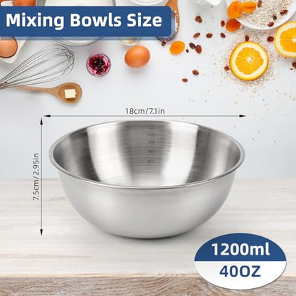 fecoqi 3-Piece Stainless Steel Mixing Bowls (7.1") Metal Bowl Set with Measurement Marks, Dishwasher Safe & Stackable - Perfect for Baking, Salad Making, Meal Prep and Kitchen Use