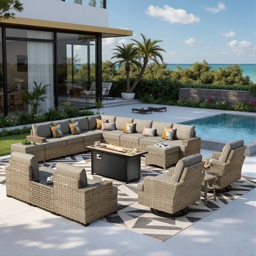HOOOWOOO Sectional Patio Furniture Set with Fire Pit Table,17 Pieces Wicker Outdoor Furniture L Shaped Couch,Outside Conversation Set Extra Deep Sofa Wide Arm Swivel Chairs Ottoman Light,Dark Gray