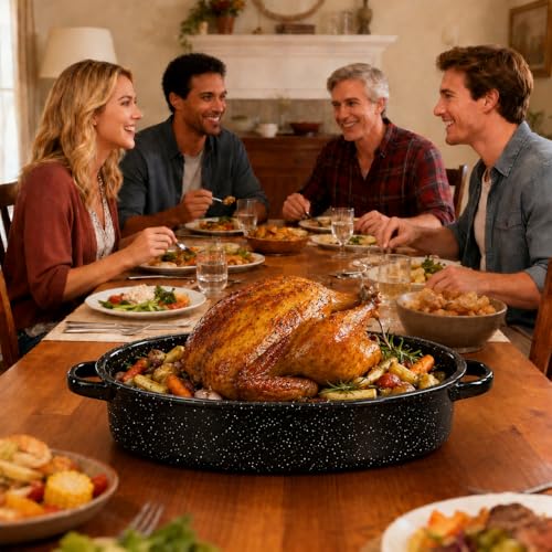 bajindan 16 Inch Enamel Roasting Pan with Lid & Rack, Oven & Dishwasher Safe Turkey Roaster, 932°F Heat Resistant, Includes Silicone Handles & Cleaning Sponges