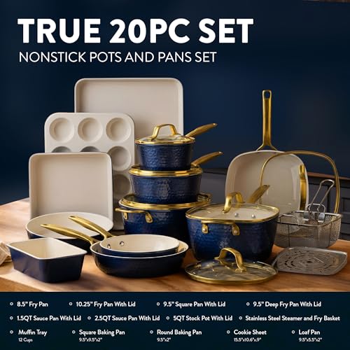 Gotham Steel Hammered 20Pcs Ceramic Cookware Set, Induction Pots and Pans Set Non Stick with Deep Fry Pan, Steamer, & Bakeware, Non Toxic PFOA PFOS Free, Oven & Dishwasher Safe