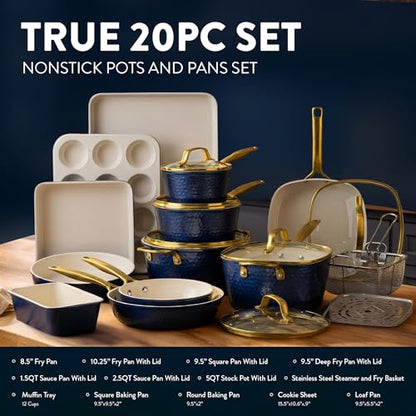Gotham Steel Hammered 20Pcs Ceramic Cookware Set, Induction Pots and Pans Set Non Stick with Deep Fry Pan, Steamer, & Bakeware, Non Toxic PFOA PFOS Free, Oven & Dishwasher Safe