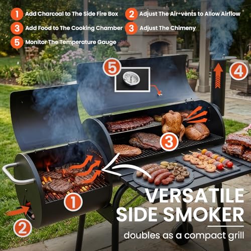 Dopinmin BBQ Charcoal Grill, Outdoor Heavy Duty Cooker oven Barbecue Grill with Offset Smoker & Thermometer, Wheels and Tray for Patio Balcony Picnics, Party and Camping