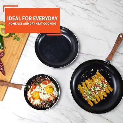 IMUSA Nonstick Ceramic Cookware Set 3-Piece 7in/9in/11in, with Soft-Touch Handles, Aluminum, Black