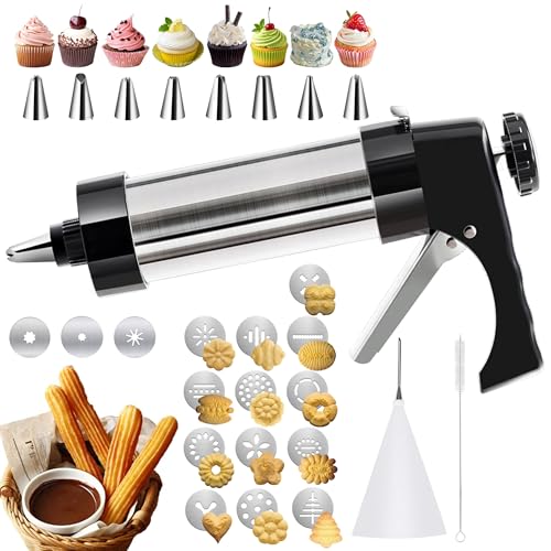 CEANZO Cookie Maker, Churros Maker, Spritz Cookies Press Gun 3 in 1 for Baking with 13 Cookie Discs, 3 Churros Discs and 8 Piping Tips Stainless Steel Easy Clean Cookies Decorating Kit for Christmas