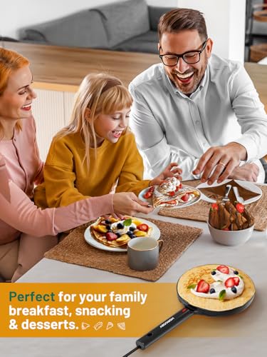 Electric Crepe Maker Machine, Homcozy Instant Crepe Maker with Handle, 8 Inch Non-Stick Coating Crepe Pan, Auto Temperature Control for Crepes, Pancakes, Bacon, Tortilla