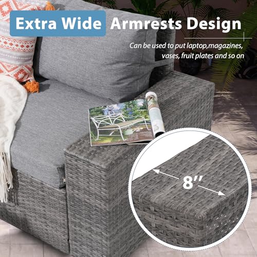 JOIVI 7 PCS PE Wicker Patio Furniture Set with 45" Fire Pit Table, Gray
