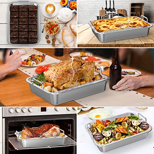 Onlyfire Roasting Pan with U-Rack - Stainless Steel Barbecue Bakeware Roaster, 16 Inch Rectangular Turkey Roaster Lasagna Pan for Roasting Turkey, Chicken, Meat & Vegetables, Oven Safe