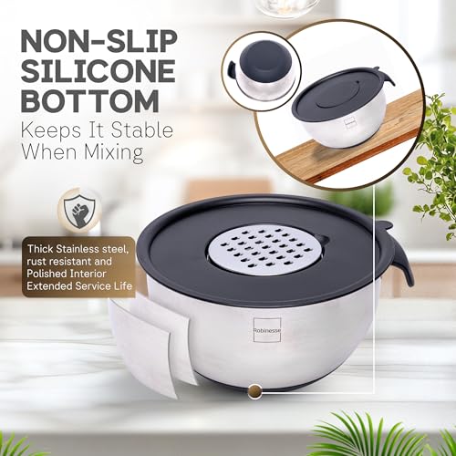 Robinesse Stainless Steel Mixing Bowls Set of 3, Large Nesting Bowls with Airtight Lids for Food Prep, Cooking, Baking, Salad, and Outdoor Dining (Black, 3 Pcs)