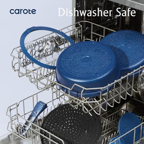 CAROTE 10-Piece Pots and Pans Set, Nonstick Cookware Set Detachable Handle, Frying Pan with Splatter Screen, Oven Safe, Induction Ready, Stackable, Blue
