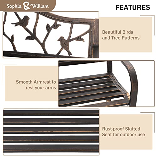 Sophia & William Outdoor Bench, Porch Bench, Garden Bench, Wrought Iron Bench with Backrest and Armrests, Bronze