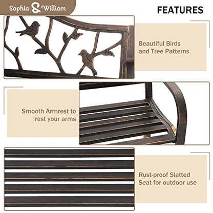 Sophia & William Outdoor Bench, Porch Bench, Garden Bench, Wrought Iron Bench with Backrest and Armrests, Bronze