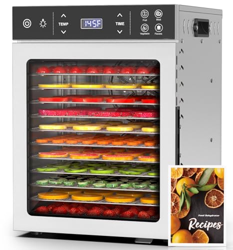 HOPERAN Food Dehydrator - 12 Stainless Steel Trays Dehydrators, 800W Electric Dehydrator Machine with 4 Presets, Digital Timer & Temperature Control for Herb, Dog Treats,Meats & Veggies (12 Trays)