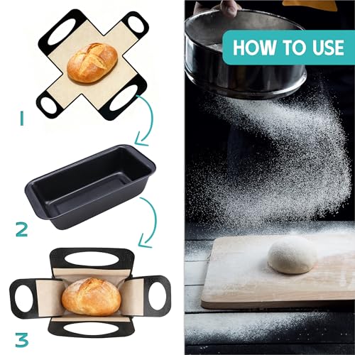 9 x 5 Loaf Pan Set with Silicone Bread Sling – 2 Bread Pans + 2 Nonstick Loaf Liners for Homemade Baking, Sourdough, Banana Bread, Sandwich Loaves – Rectangular Baking Tray for Kitchen Home Baker