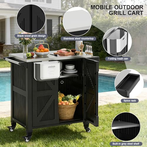 IWDOO Outdoor Kitchen Island with Storage Cabinet, Movable Grill Cart with Stainless Steel Countertop, 4 Swivel Wheels, PP Material Rolling BBQ Food Prep Table Cart for Patio, Poolside, Black