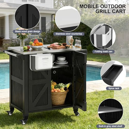 IWDOO Outdoor Kitchen Island with Storage Cabinet, Movable Grill Cart with Stainless Steel Countertop, 4 Swivel Wheels, PP Material Rolling BBQ Food Prep Table Cart for Patio, Poolside, Black