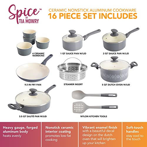Spice by Tia Mowry Savory Saffron 16-Piece Healthy Nonstick Ceramic Cookware Set - Grey