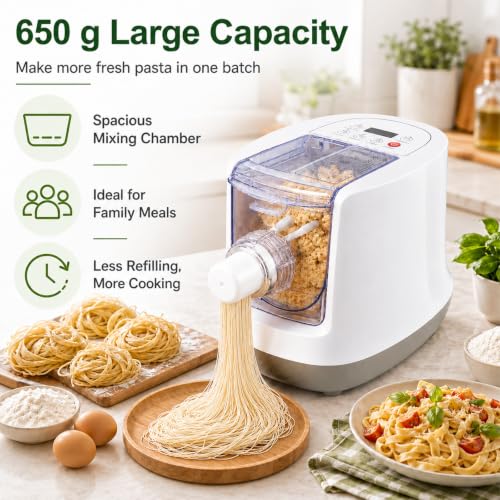 Electric Pasta Maker Machine – Automatic Noodle Maker with 13 Shape Discs, 23oz Large Capacity, Digital Touch Control for Spaghetti, Fettuccine, Macaroni & Dumpling Skins