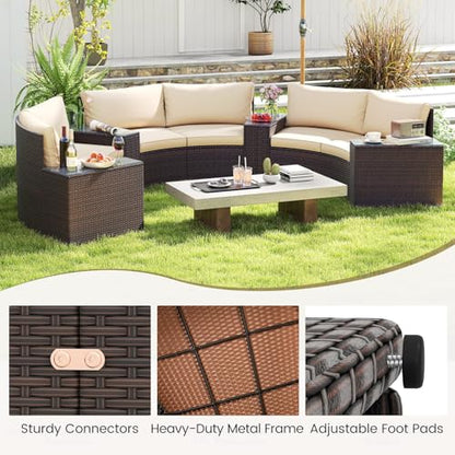 Tangkula 7 Pieces Patio Furniture Set, Rattan Half-Moon Curved Sectional Cushioned Sofas with Tempered Glass Top Side Tables, Outdoor Conversation Set for Porch, Backyard & Poolside