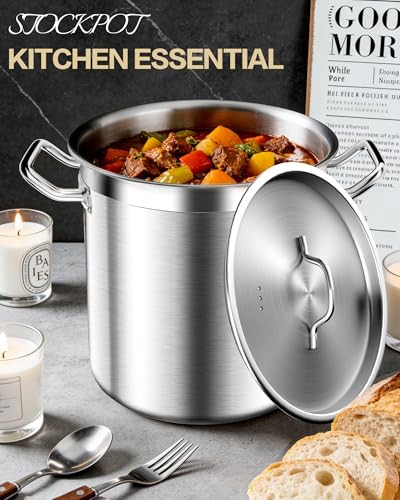 STOCKPOT 20 Quart Soup Pot with Lid – Stainless Steel Stock Pot, Heavy Duty Cooking Pot for Soup, Pasta, Stew – Induction & Oven Safe, Commercial & Home Use