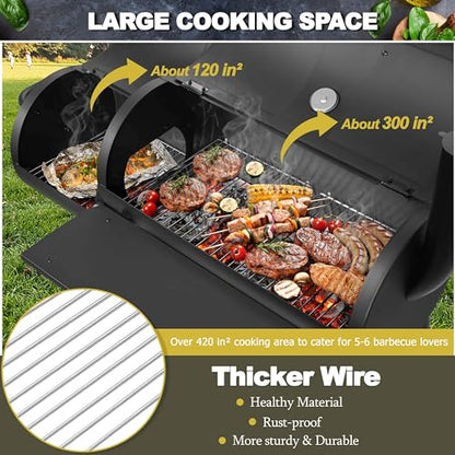 Joyfair Charcoal Grill with Offset Smoker, Camping Barbecue Grill with Side Fire Box for Outdoor BBQ Smoking/Backyard Party Grilling, Thick Iron Steel & Dual Chamber Design, Thermometer & Chimney