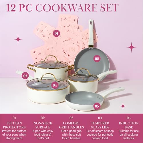 Paris Hilton Epic Nonstick Pots and Pans Set, Multi-layer Nonstick Coating, Tempered Glass Lids, Soft Touch, Stay Cool Handles, Made without PFOA, Dishwasher Safe Cookware Set, 12-Piece, Cream