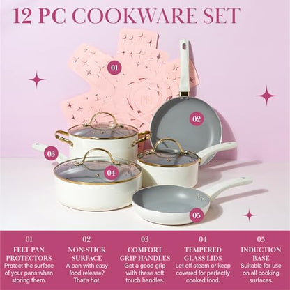 Paris Hilton Epic Nonstick Pots and Pans Set, Multi-layer Nonstick Coating, Tempered Glass Lids, Soft Touch, Stay Cool Handles, Made without PFOA, Dishwasher Safe Cookware Set, 12-Piece, Cream